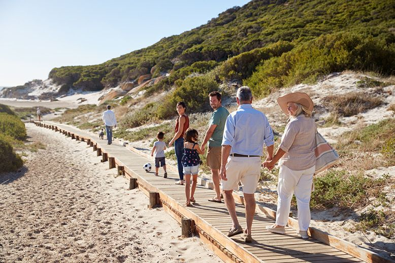 Multi-generational family walking on boardwalk