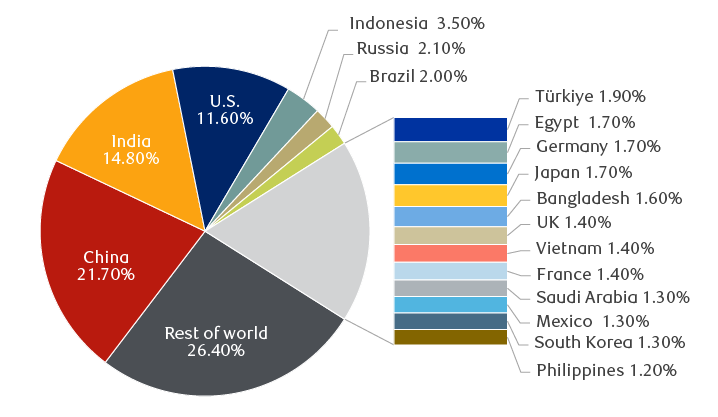 Contributions to world economic growth 2024–2029, IMF forecast