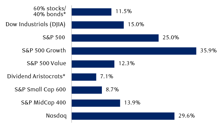 2024 performance of major U.S. equity indexes and investing styles