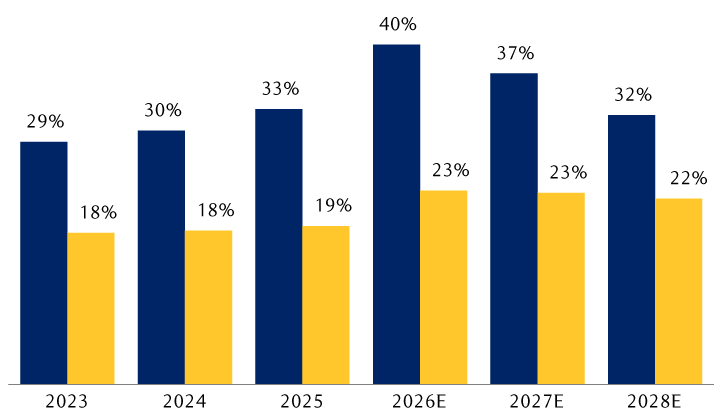 Calendar year return on equity (ROE) of a basket of AI stocks
